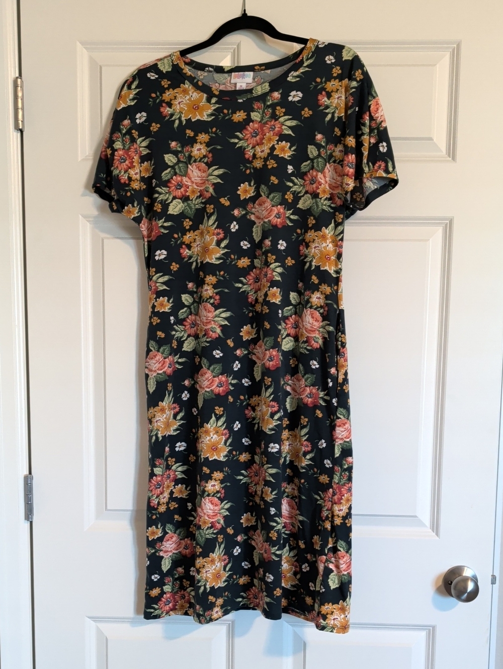 LuLaRoe Black Floral Midi Dress with Rose and Gold Blooms